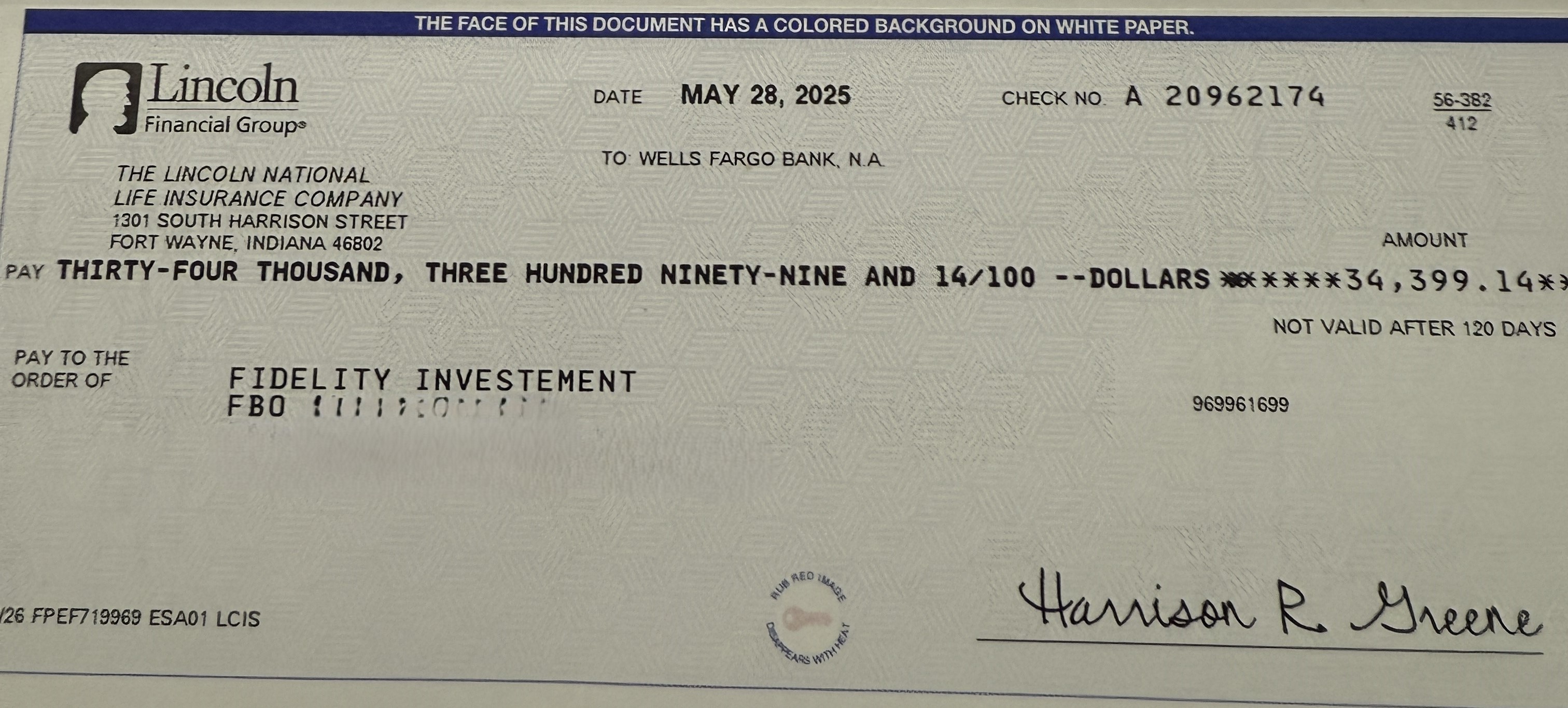 A retirement check mailed through the postal system
